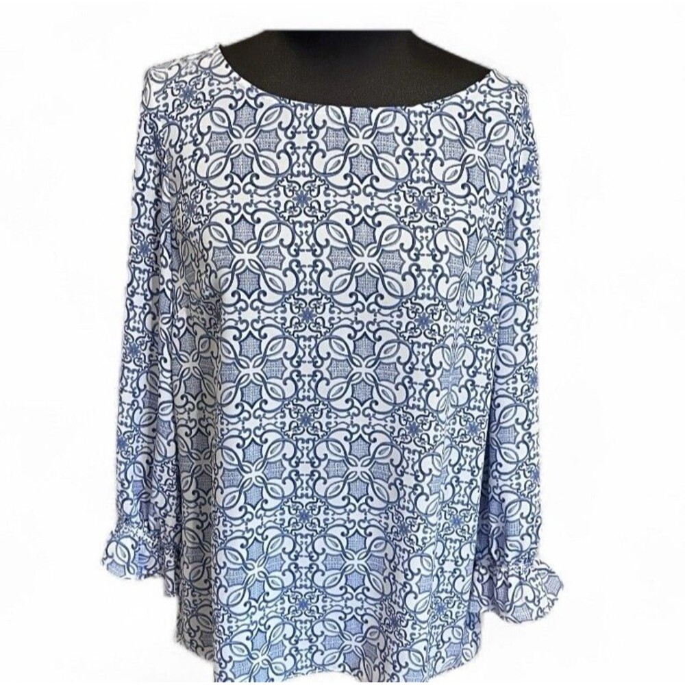Talbots Blue & White Geometric Patterned Long Sleeve Blouse Round Neck M